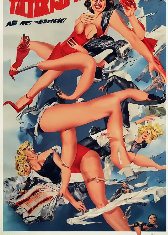 Prompt: a new attack of the 5 0 ft woman movie poster print, pin up, collage, canvas art print