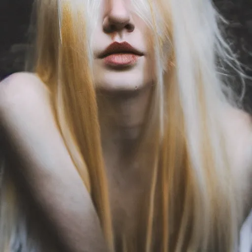 Image similar to a melanchonic photo of a beautiful young woman with cotton candy hair. with a little bit of gold and white