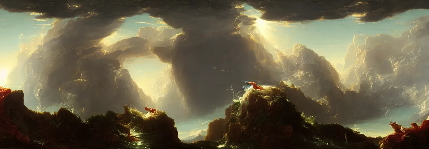 Prompt: an awe-inspiring thomas cole digital art landscape painting of Icarus crashing and burning while his father Daedalus looks on in disbelief, unreal engine, 4k, matte