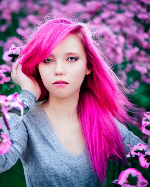 Image similar to beautiful girl, pink glowing hair, wind blowing, big eyes, cute, clear clean face, symmetrical face, blurry background, posing, high contrast, three quartered turned angle, surrounded by flowers