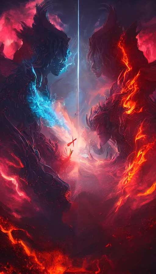 Image similar to the neverending battle between light and dark, angels vs demons, vivid colors, inferno, epic, cinematic, digital art, 4 k, fantasy