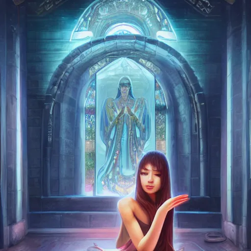 Image similar to Art station concept of a beautiful girl kneeling in front of a religious shrine, Hypnosis, Trance, symmetrical face, smooth body features, by Stanley Artgerm Lau, WLOP, Rossdraws, James Jean, Andrei Riabovitchev, Marc Simonetti, and Sakimichan, trending on artstation