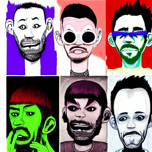 Prompt: the band members of linkin park drawn colorfully in the style of the gorillaz by jamie hewlett