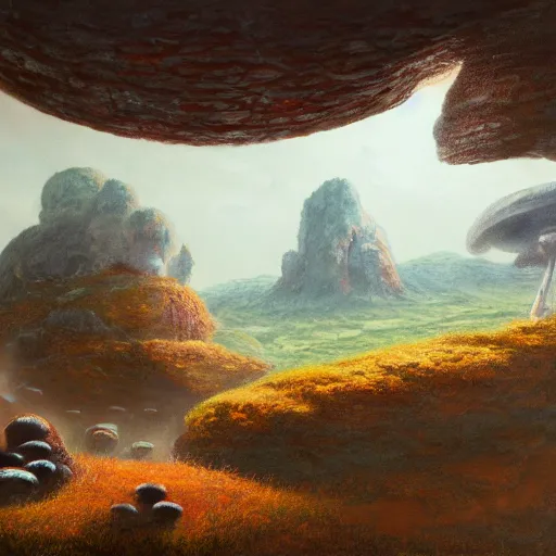 Image similar to a beautiful painting of a giant floating rock, small mushrooms full subject in view, by john harris, mark rothko, rendered in unreal engine, trending on artstation, epic scale fisheye view, deviantart, cyberpunk, 4 k