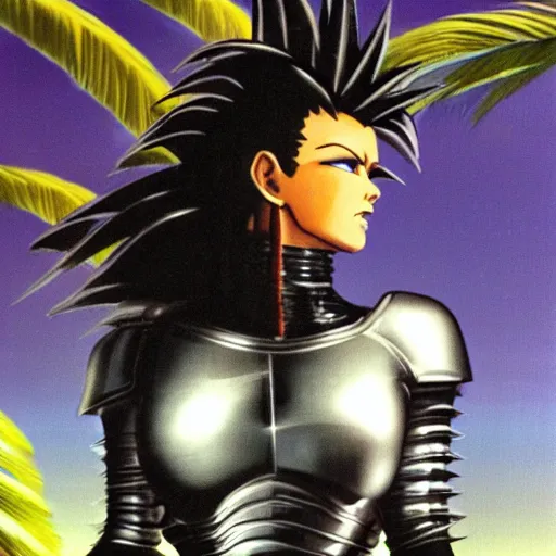 Prompt: 19-year-old muscular warrrior girl wearing chrome silver armor, electrified hair, wild spiky black Saiyan hair, wild black hair, tropical, palm trees, chrome buildings, futuristic base, 1987, Frank Frazetta, pulp art, arcade cabinet art, HD art, wallpaper