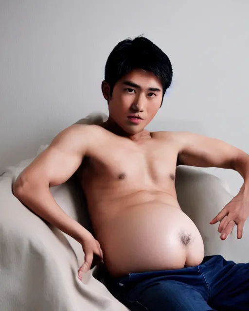 Prompt: Young male Asian protagonist wearing a sleeveless shirt and a big pregnant belly arching his back, ultrarealistic, 8k