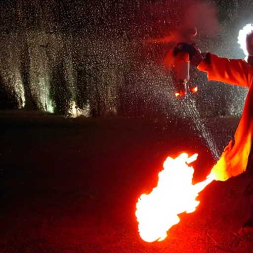 Prompt: photo of a clown using a flamethrower projecting a long flame