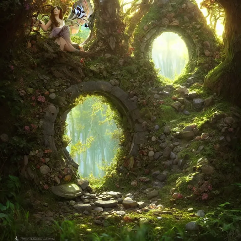 Image similar to Fantasy Magical fairy-tale stone portal in the forest. Round stone portal teleport in trees to other worlds. Fantastic landscape. Magic Altar in the fores, highly detailed, digital painting, artstation, concept art, smooth, sharp focus, illustration, art by artgerm and greg rutkowski and alphonse mucha