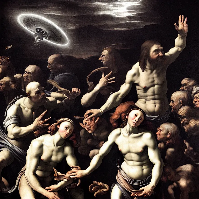 Image similar to portrait of prehistoric man meeting Aliens, UFO flying saucer in the sky, prehistoric times, prehistory, baroque painting, beautiful detailed intricate insanely detailed 8K artistic photography, photorealistic, chiaroscuro, Raphael, Caravaggio