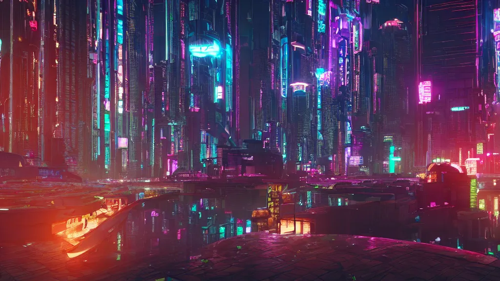 Prompt: cyberpunk city built underwater, nighttime, fluorescent led, made in blender, octane render, cinematic, volumetric lighting, futuristic,, hyperrealistic, highly detailed, colourful 4 k hd