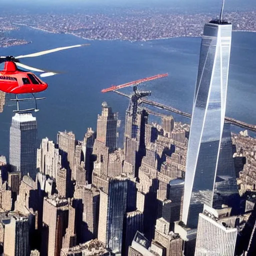 Image similar to Donald Trump Flying A helicopter over the world trade center