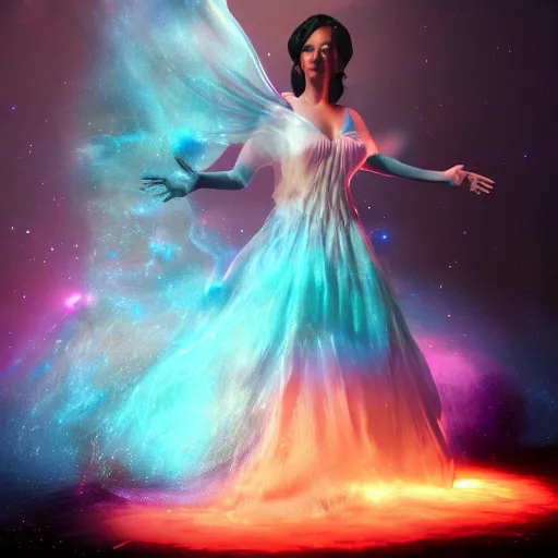 Prompt: A magical billowing gown made of space nebula gasses, zbrush model, arnold render, volumetric lighting, professional shot