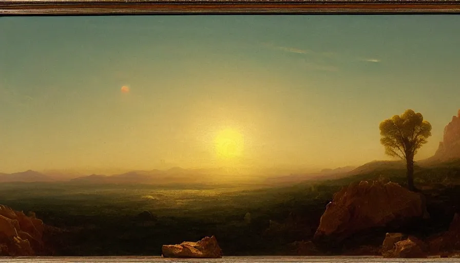 Prompt: a landscape painting depicting a remote arid planet with two suns above, oil on canvas, hudson river school, Thomas Cole, Fredric Edwin Church