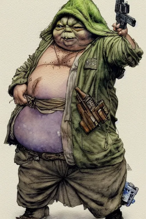 Image similar to a realistic and atmospheric watercolour fantasy character concept art portrait of a fat sleazy homeless chibi yoda wearing a wife beater and holding a handgun, by rebecca guay, michael kaluta, charles vess and jean moebius giraud