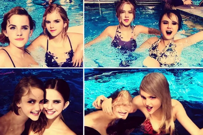 Image similar to emma watson and taylor swift and selena gomez swim together. perfect faces.