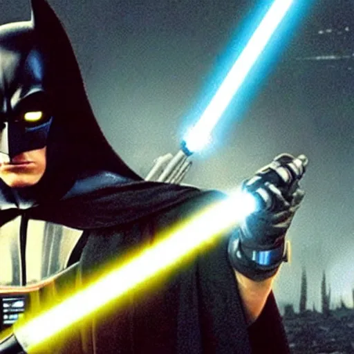 Image similar to photograph of batman engaging in a lightsaber battle in star wars 2 0 0 5