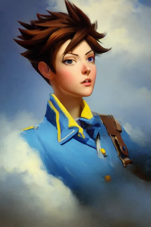 Prompt: oil painting of tracer overwatch in a field wearing blue uniform, in style of ivan aivazovsky, expressive face, detailed face, detailed eyes, full body, feminine face, tracer overwatch,