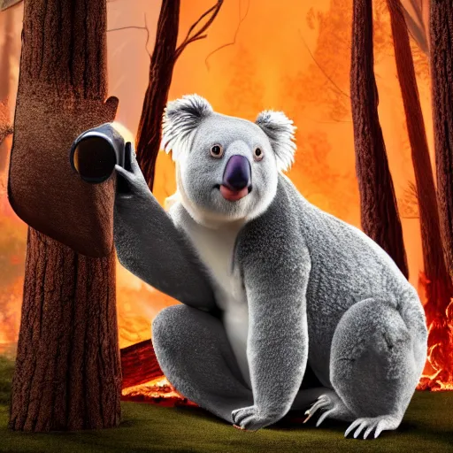 Prompt: Prime Minister Scott Morrison selfie by a forest fire, not holding a hose, smoke, koala bear in tree, cinematic, hyper realism, high detail, vivid colors, octane render, unreal engine, 8k