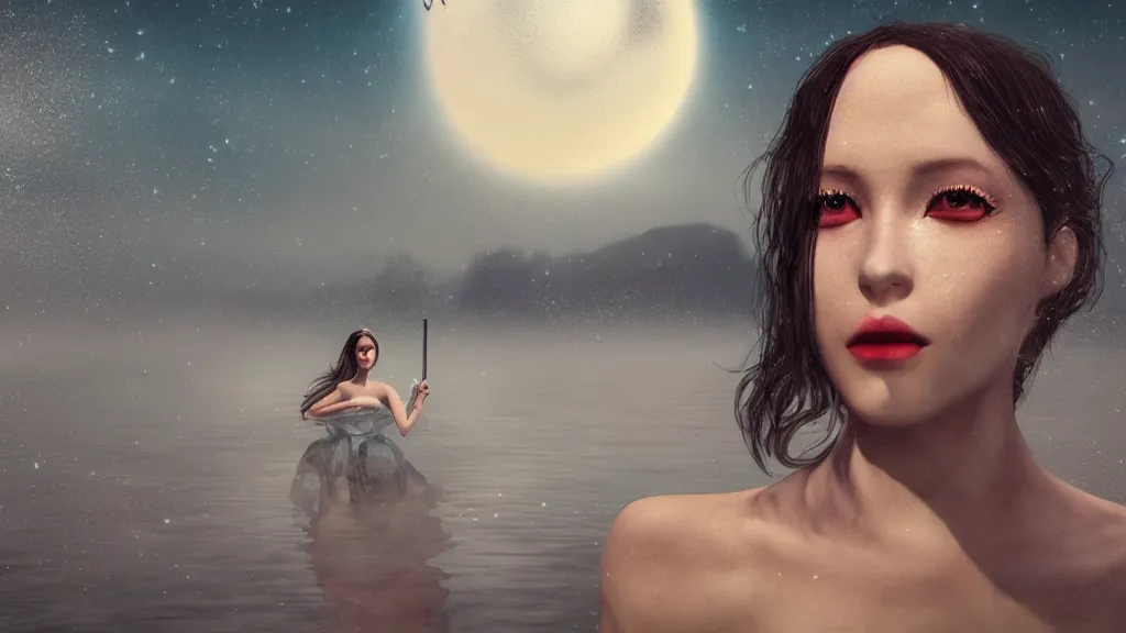 Image similar to whimsical, a beautiful playful woman, wearing professional makeup, standing in a lake, blowing smoke, under the stars, with a binary black hole with a ring in the sky, by Studio Ghibli, by Greg Rutkowski, by Steve Argyle, face enhance, volumetric lighting, 4k resolution, octane render, trending on artstation