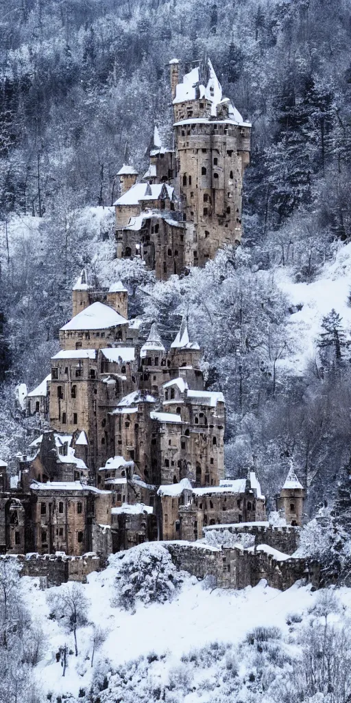 Image similar to a abandoned castle on the top of a snowy mountain, 8 k, shallow depth of field, intricate detail, concept art,