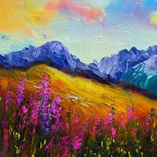 Prompt: thick impasto textured painting of a mountain side hill with wildflowers blooming