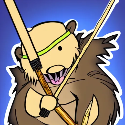 Image similar to a manga drawing of a beaver with an spear and a shield