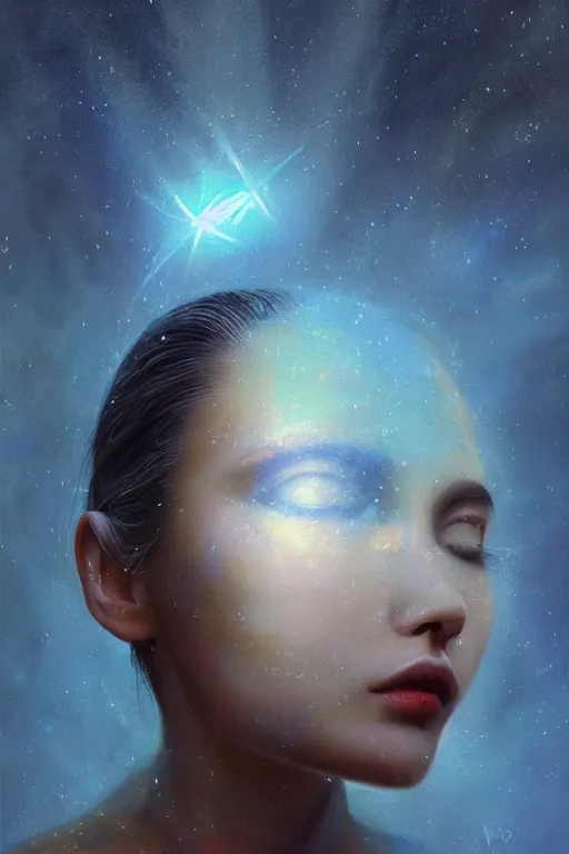 Image similar to sci - fi, close - up, 3 d, moon rays, stars, fashion model face closed eyes, cinematic, clouds, sun rays, vogue cover style, poster art, blue mood, realistic painting, intricate oil painting, high detail illustration, figurative art, multiple exposure, water, 3 d, by tooth wu and wlop and beeple and greg rutkowski