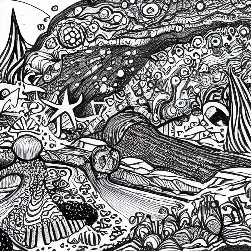 Image similar to doodle pen drawing of a alien landscape with strange life forms, detailed