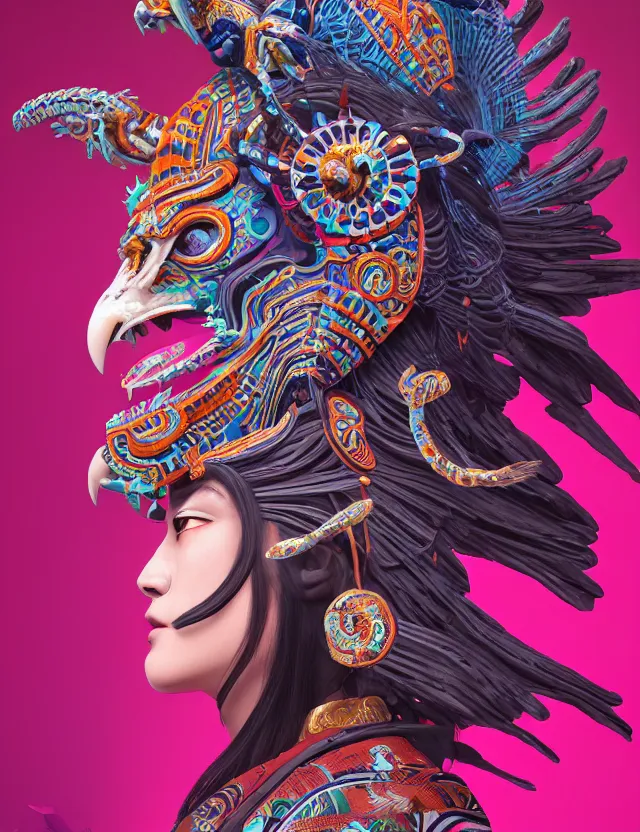 Image similar to 3 d goddess close - up profile portrait aztec with ram skull. beautiful intricately detailed japanese crow kitsune mask and clasical japanese kimono. betta fish, jellyfish phoenix, bio luminescent, plasma, ice, water, wind, creature, artwork by tooth wu and wlop and beeple and greg rutkowski