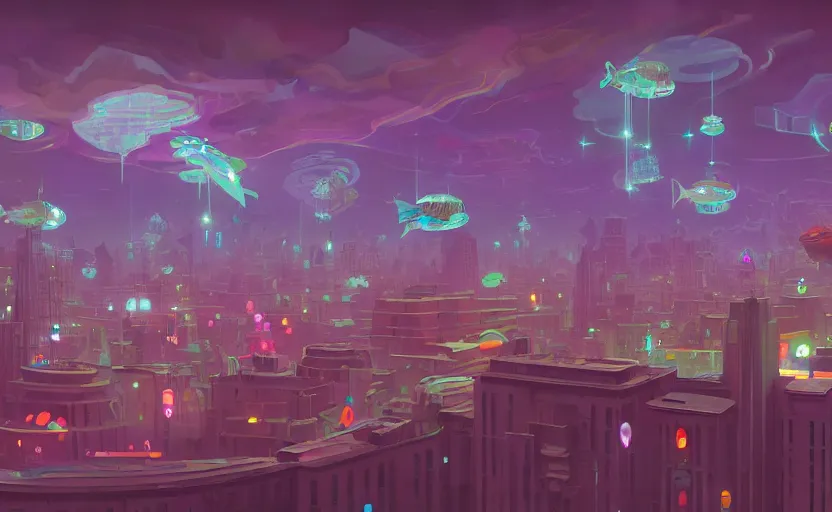 Image similar to Wide angle shot of a city with holographic fishes floating in the sky by Petros Afshar, James Gilleard, Mark Ryden, Wolfgang Lettl highly detailed, Dark cineamtic and atmospheric lighting