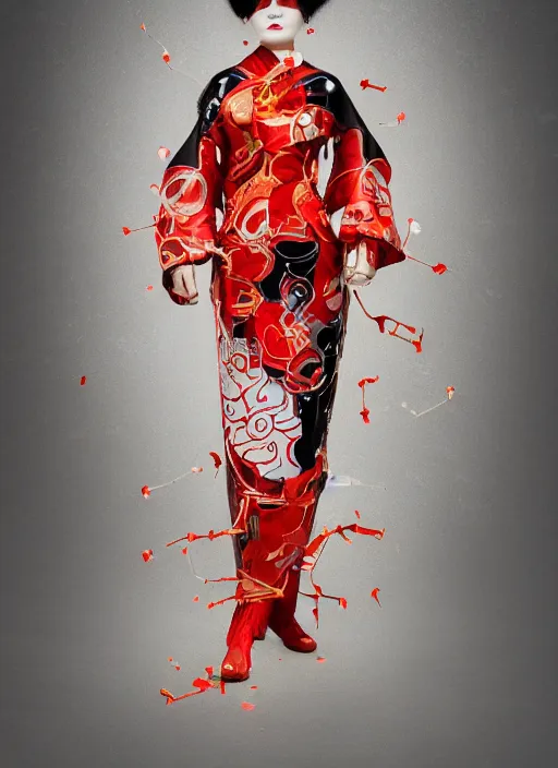 Image similar to portrait of a stylish futuristic geisha cyborg, with a red kimono with japanese golden signs written on it, kintsugi, modern fine art, fractal, intricate, elegant, highly detailed, digital photography, subsurface scattering, in the style of ghost, by yue minjun and greg rutkowski,