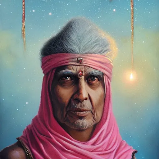 Image similar to wise old Indian guru, making fists, pink and gold, by Anato Finnstark, Tom Bagshaw, Brom