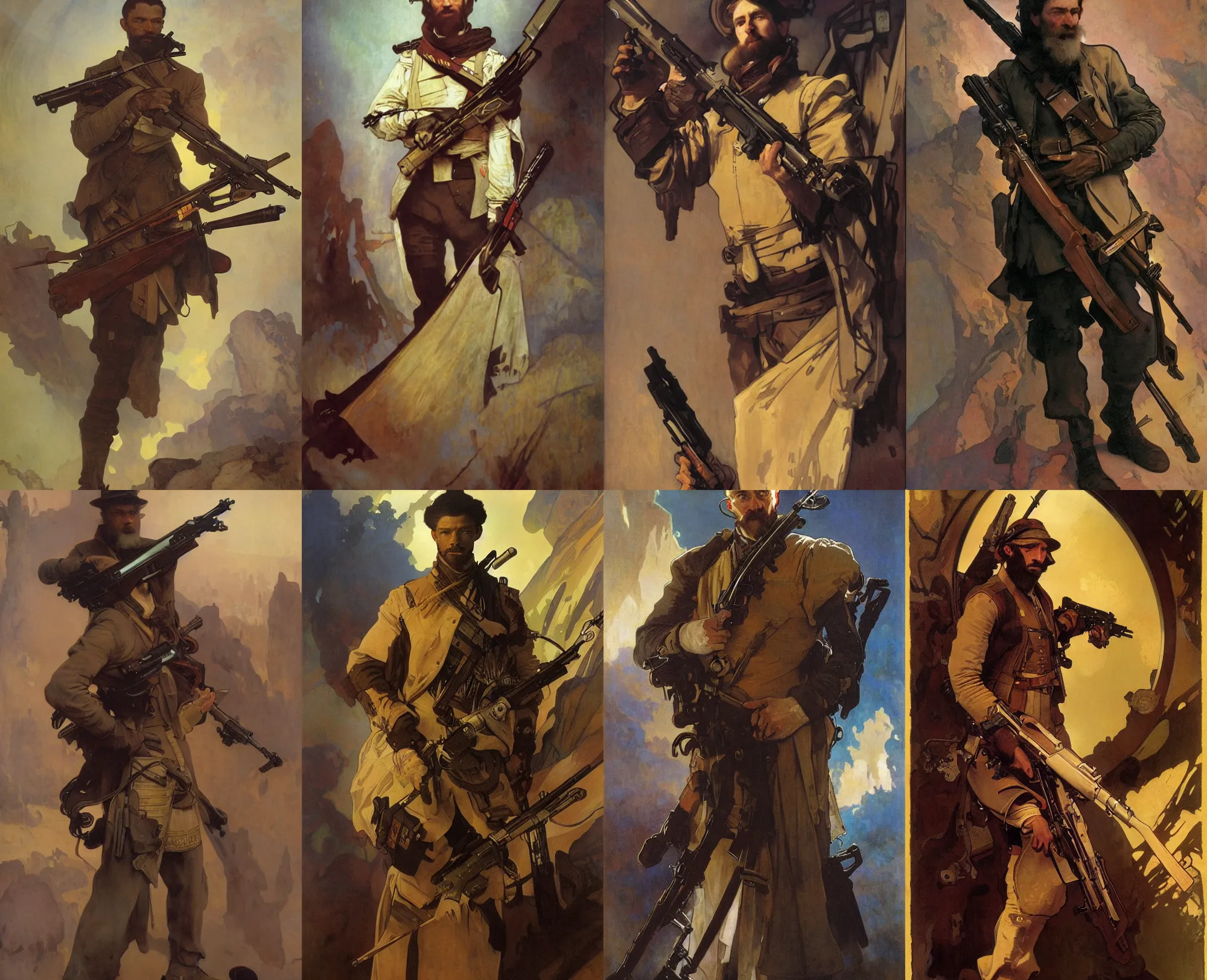 Prompt: beautiful portrait of John Brown wielding a futuristic rifle, by Alphonse Mucha and Greg Rutkowski and Amano and David Lozeau, rembrandt lighting, wispy