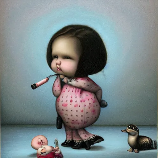Prompt: there's an infant clinging to his overweight mother in the cold as they go to shop for cigarettes, lowbrow painting by mark ryden