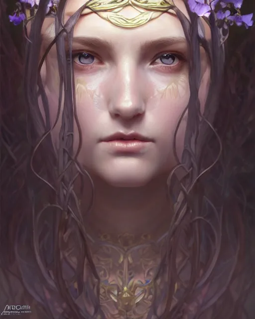 Image similar to beautiful female druid, portrait, fantasy, young, symmetrical eyes, correct eyes proportion, beautiful iris, detailed, intricate, leaves and simple cloth, global lighting, digital art, digital painting, artstation, wlop, sharp focus, illustration, art by artgerm and greg rutkowski and alphonse mucha, 8 k