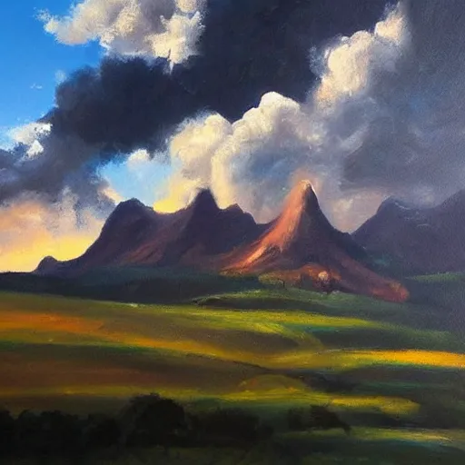 Image similar to a beutiful oil painting of a landscape, dramatic lighting, clouds in the sky, mountains