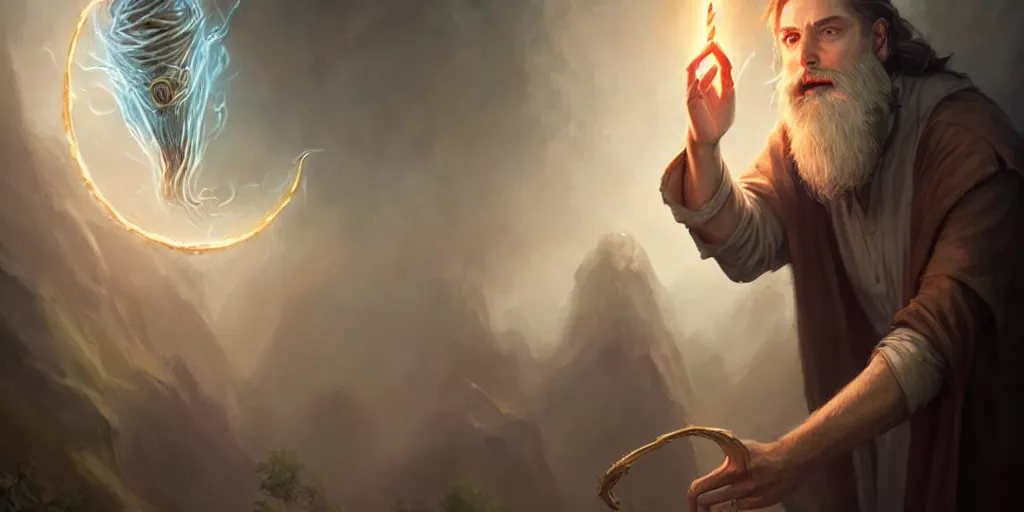 Image similar to a handsome bearded white male wizard with brown hair he is casting a spell emanating from his hands, open hands, sharp focus, waist up, 4 k, by greg rutkowski, rudy siswanto and anna podedworna