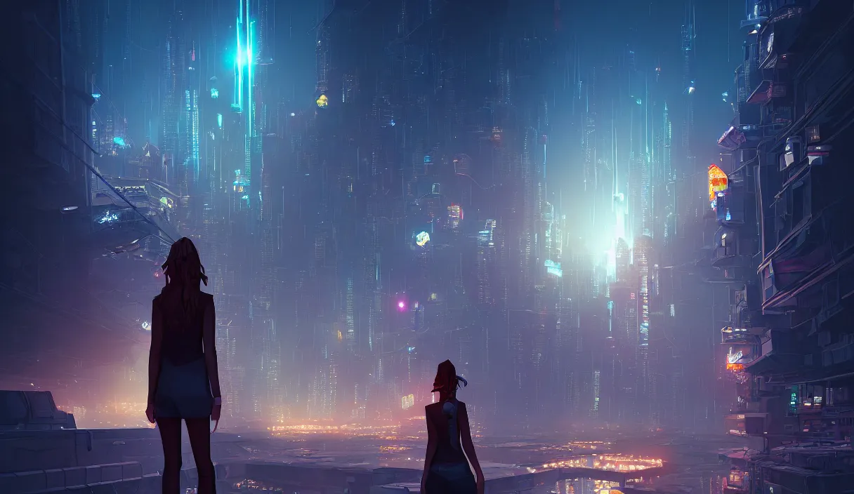 Image similar to girl staring at a meteorite hitting a floating cyberpunk city at night by wlop, low poly art, ultra detailed color art, high detail, digital art