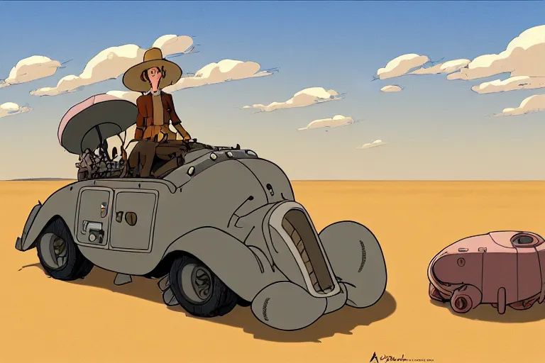 Image similar to a study of a cell shaded cartoon of a grey mechanized snake from howl's moving castle ( 2 0 0 4 ), on a desert road, full body, wide shot, very muted colors, post grunge, studio ghibli, laurie greasley, highly detailed, deviantart, art by artgem