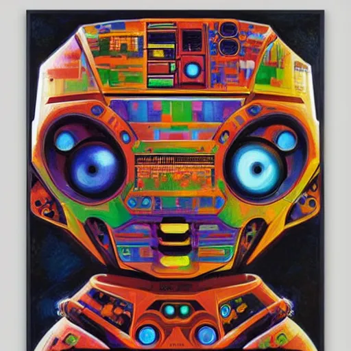 Prompt: portrait of a colourful tribal mecha robot, symmetrical, painting by drew struzan,