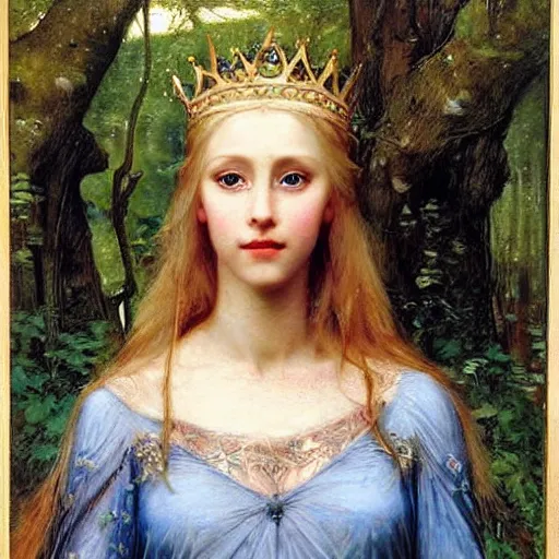 Image similar to portrait of a blue eyed, blonde haired crowned queen of summer with light elvish overtones and a forest background by John WIlliam Waterhouse