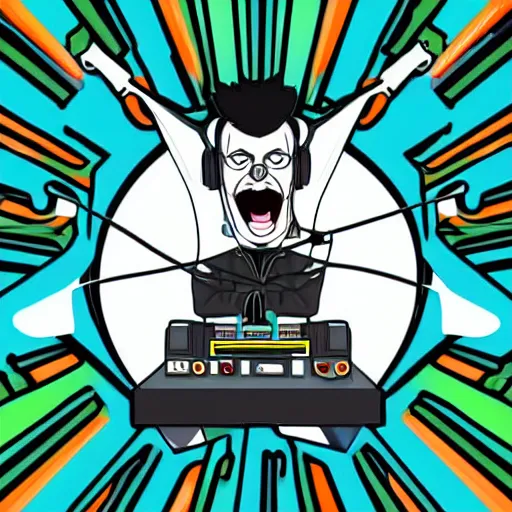 Image similar to svg vector sticker of absolutely insane-mad-scientist-villain, rocking out, wearing headphones, huge speakers, dancing, rave, DJ, spinning records, digital art, amazing composition, rule-of-thirds, award-winning, trending on artstation, featured on deviantart