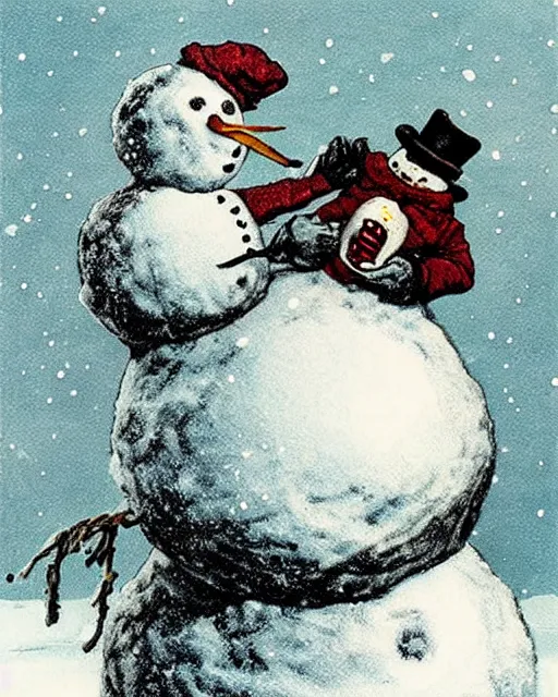 Prompt: snowman made of meat, art by beksinksy, bernie wrightson