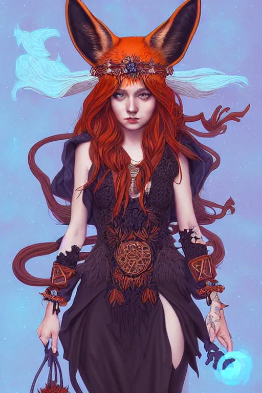 Prompt: digital art, centered full body of an Witch girl with fox headdress ,intricate, by James Jean and by artgerm , by ross tran, ultradetailed, charachter design, concept art, trending on artstation,