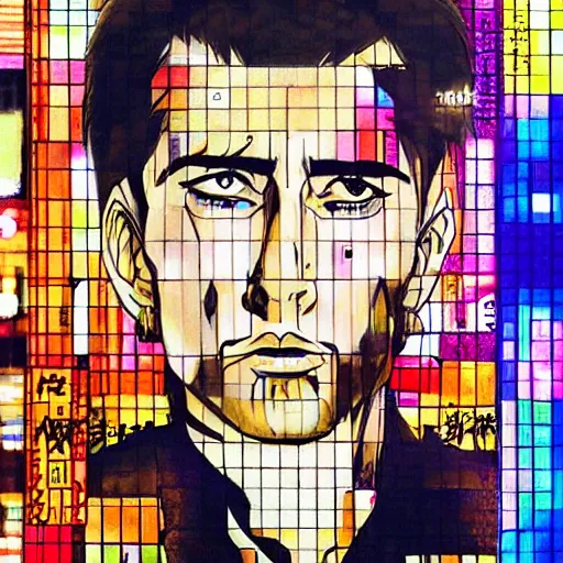 Image similar to beautiful amazing anime portrait painting of nicholas cage in tokyo. neon lights. by hayao miyazaki, katsuhiro otomo, akira toriyama, satoshi kon, eiichiro oda, hideaki anno