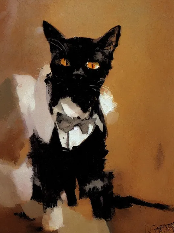 Prompt: a cat wearing a tuxedo by Jeffery Catherine Jones, Craig Mullins, gregory manchess