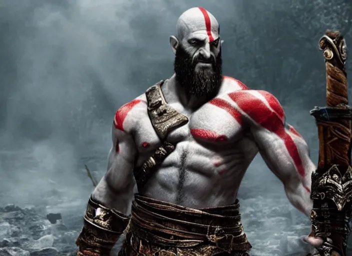 Prompt: movie frame of benjamin netanyahu playing kratos in god of war ( 2 0 2 0 ), hd, bluray, highlydetailed, cinematic