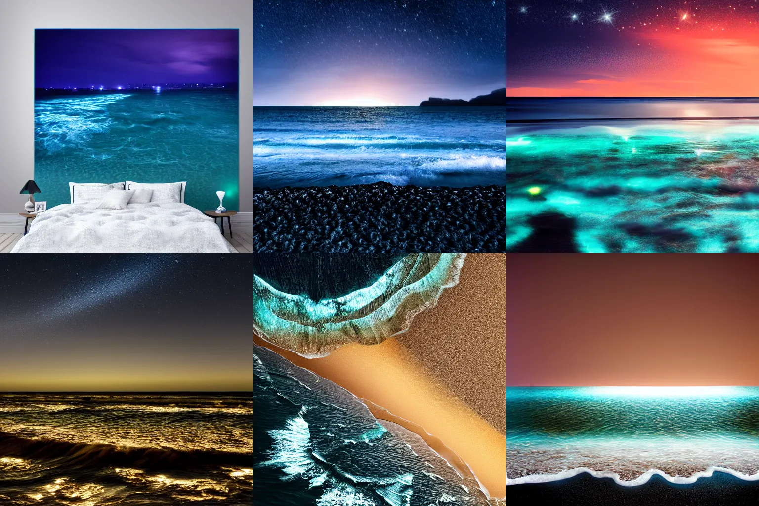 Prompt: nighttime dark view of beach on the ocean, bioluminescent on the edges of waves detail, realistic, 4k, amazing