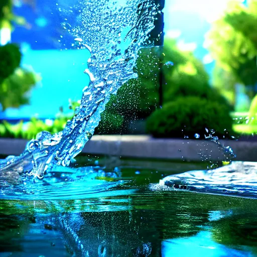 Prompt: Splashing Water, Hyperrealistic Simulation, Refractions and Subsurface Scattering, Octane Renderer, Redshift, Ultra Settings, Photorealistic Rendering, Raytraced Lights and Shadows, Depth of Field, Hyperdetailed, Wallpaper