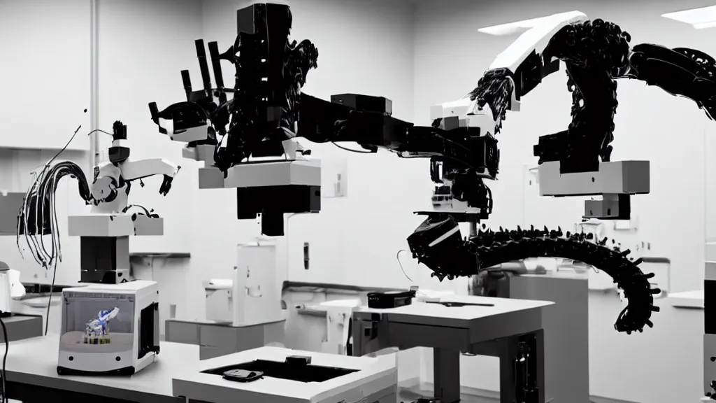 Image similar to a complex bifurcated robotic cnc surgical arm hybrid mri 3 d printer machine making black and white ceramic mutant forms in the laboratory inspection room, film still from the movie directed by denis villeneuve with art direction by salvador dali, wide lens